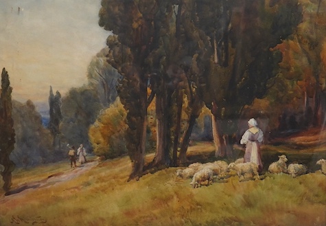 Alexander Wallace Rimington (1854-1918), watercolour, Shepherdess in a landscape, signed, 43 x 63cm, ornate gilt framed. Condition - fair